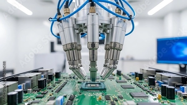 Fototapeta Automated robotic arms assembling a complex electronic circuit board in a clean room environment