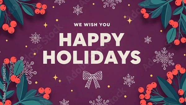 Obraz Happy Holidays Christmas Winter Festive Background Template with Berries Leaf Border Snowflake Red Purple Gold Flat Simple Banner Greeting Card Message Promotion