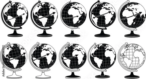 Fototapeta Set of world globes in detailed line art style featuring map outlines, rotation arrows, and stands for geography education and CAD drawing illustration