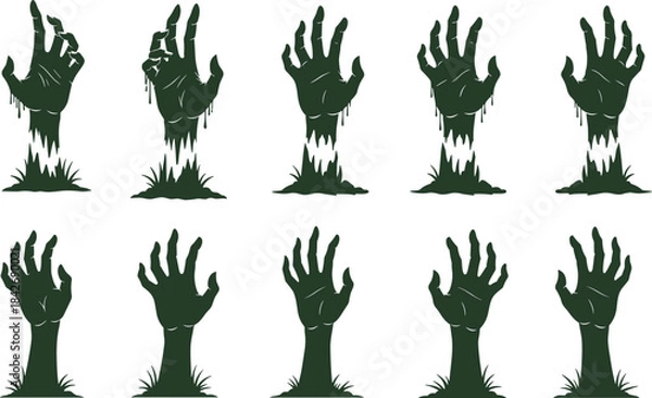 Fototapeta Set of zombie hands rising from the grave, scary undead monster arm silhouettes coming out of the ground, Halloween horror vector collection.