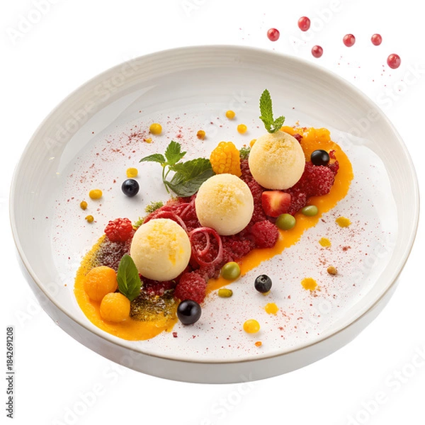 Fototapeta Artistic Dessert Delights: A culinary masterpiece awaits, showcasing vibrant scoops of ice cream atop a bed of fresh berries and exotic sauces, all elegantly arranged on a pristine plate.
