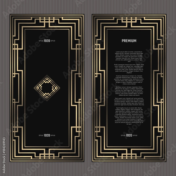 Fototapeta Vector card. Art Deco style. Dark golden geometric frame on black background. Luxury menu concept with logo.