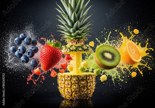 Obraz Vibrant Explosion of Fresh Fruits with Splashing Juice Effects