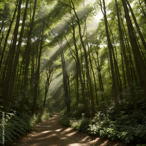 Fototapeta Sunlit Path Through Dense Green Forest