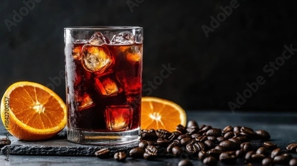 Fototapeta Glass of cola with ice cubes, orange and coffee beans on black background