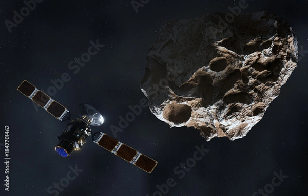 Fototapeta Satellite in Space passing asteroid