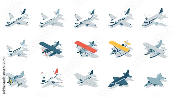 Fototapeta Airplane Icon Set in Flat Style for UI, Banner, Poster and Infographic
