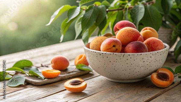 Fototapeta Fresh Apricots in a Rustic Bowl – Organic Summer Fruit Photography on Wooden Table