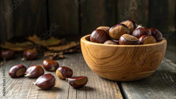 Fototapeta Fresh Chestnuts in Rustic Wooden Bowl – Autumn Harvest Nuts on Wooden Table