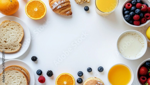 Fototapeta Healthy Breakfast Flat Lay with Toast, Fruits, Croissant, and Juice on White Background