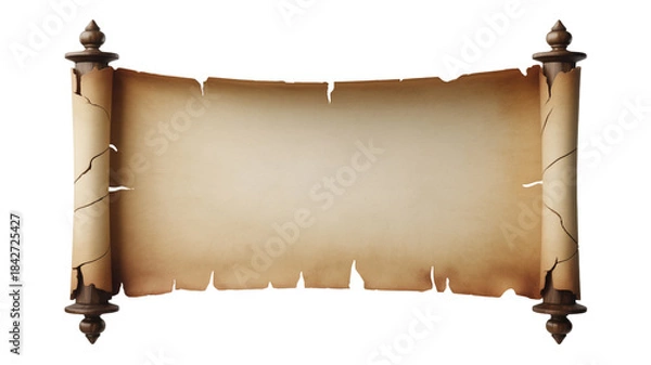 Fototapeta Ancient papyrus scroll with ornate wooden ends isolated on transparent background
