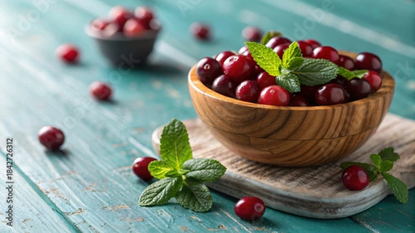 Fototapeta Fresh Cranberries in Wooden Bowl – Organic Red Berries with Mint on Rustic Table