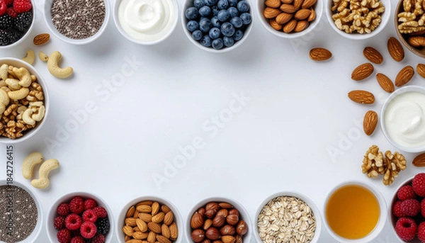 Fototapeta Healthy Breakfast Ingredients Flat Lay with Nuts, Berries, Yogurt, Seeds, and Honey on White Background