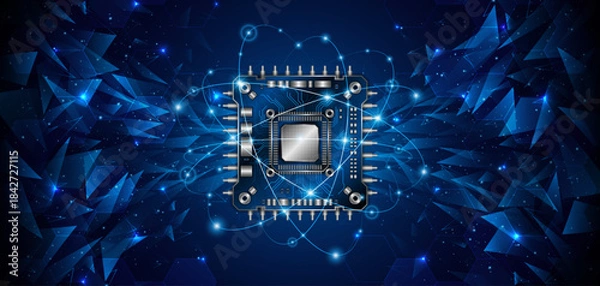 Obraz Microchip processor circuit board technology on dark blue background. Information Processing Concept. Circuit board hi-tech technology background. vector illustration	