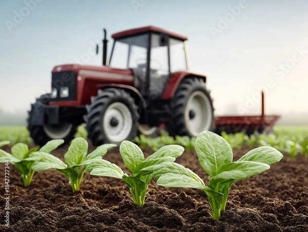 Obraz Spring Day crop with Seedlings and Tractor