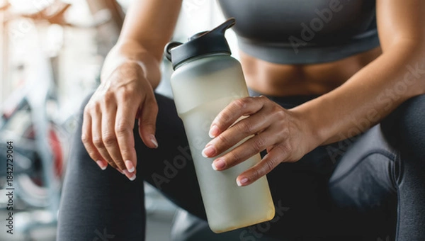 Fototapeta Female athlete holding a matte water bottle while resting in a modern gym after a workout, with soft warm light creating a focused and energetic fitness atmosphere