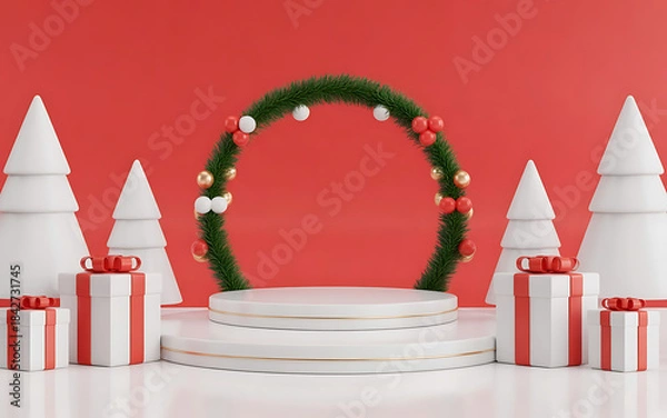 Fototapeta Background podium 3D gift product sale christmas stage winter display new year banner box. Holiday xmas white red stand render scene decoration platform minimal studio happy present