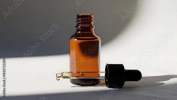 Fototapeta "luxury essential oil bottle mockup, amber glass with dropper, placed on a soft cloth background with minimal lighting to create a serene, calming effect--v 6.1 --ar 16:9 --q 2"