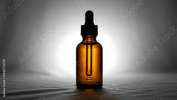 Fototapeta "luxury essential oil bottle mockup, amber glass with dropper, placed on a soft cloth background with minimal lighting to create a serene, calming effect--v 6.1 --ar 16:9 --q 2"