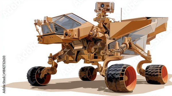 Fototapeta Stylized rover with angular shapes, vector stencil, worn exploration-themed text