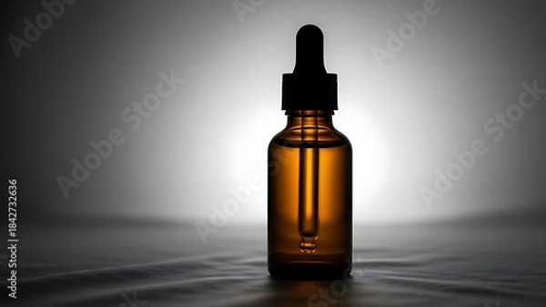 Fototapeta "luxury essential oil bottle mockup, amber glass with dropper, placed on a soft cloth background with minimal lighting to create a serene, calming effect--v 6.1 --ar 16:9 --q 2"