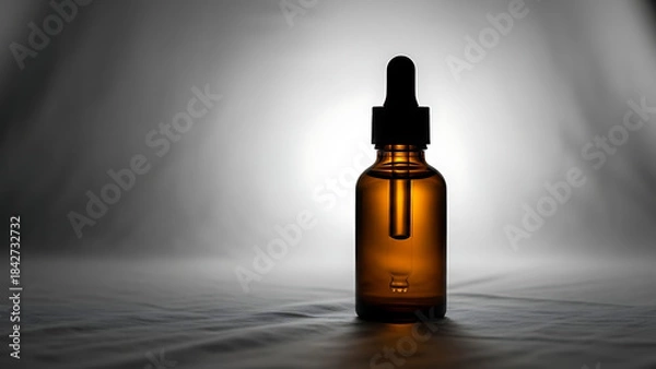 Fototapeta "luxury essential oil bottle mockup, amber glass with dropper, placed on a soft cloth background with minimal lighting to create a serene, calming effect--v 6.1 --ar 16:9 --q 2"