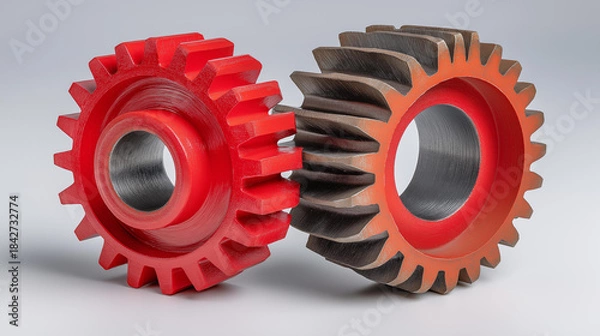 Fototapeta Gears interlocking, minimal palette, worn productivity-themed text behind