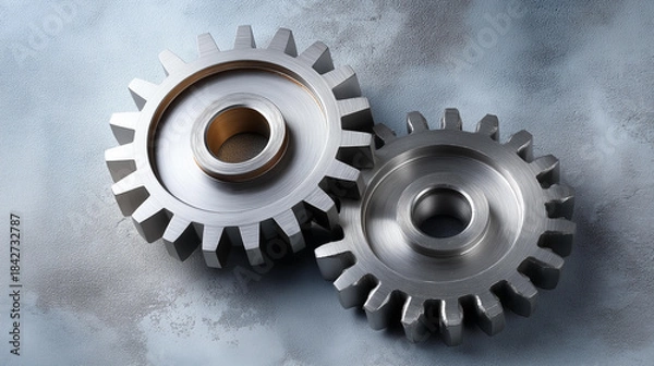 Fototapeta Gears interlocking, minimal palette, worn productivity-themed text behind