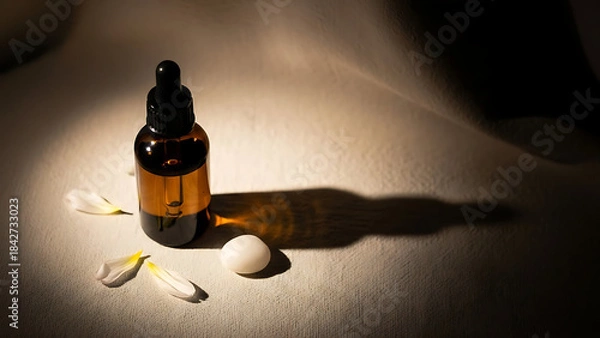 Fototapeta "luxury essential oil bottle mockup, amber glass with dropper, placed on a soft cloth background with minimal lighting to create a serene, calming effect--v 6.1 --ar 16:9 --q 2"