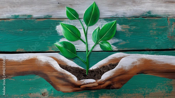 Fototapeta Tree growing from hands, symbolizing harmony, stencil style, distressed eco-themed writing