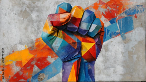 Fototapeta Raised symbolic fist made of geometric polygons, stencil art, bold contrasts, half-erased empowerment messages behind