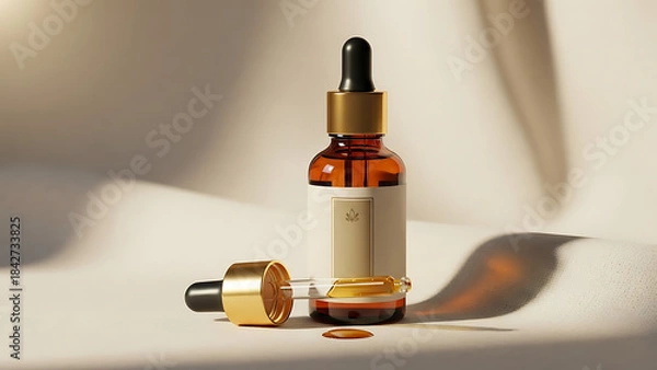 Fototapeta "luxury essential oil bottle mockup, amber glass with dropper, placed on a soft cloth background with minimal lighting to create a serene, calming effect--v 6.1 --ar 16:9 --q 2"