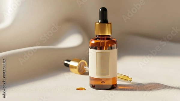 Fototapeta "luxury essential oil bottle mockup, amber glass with dropper, placed on a soft cloth background with minimal lighting to create a serene, calming effect--v 6.1 --ar 16:9 --q 2"