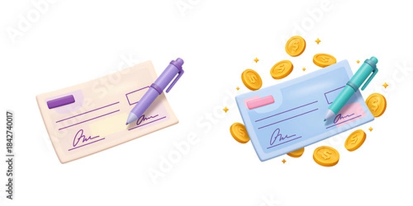 Fototapeta Signed Check with Pen and Coins Financial Transaction Concept