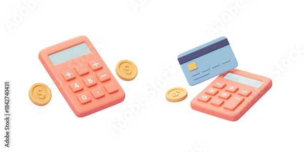 Fototapeta 3D Render of Red Calculator and Credit Card with Coins