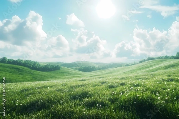 Fototapeta A vibrant green wheat field stretching into the distance under a clear blue sky .