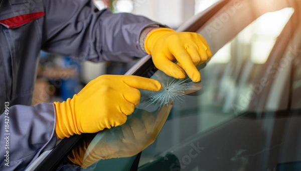 Fototapeta Close-up of a car technician wearing yellow protective gloves inspecting a small chip on a windshield in a workshop, highlighting vehicle safety, maintenance, and professional auto glass repair