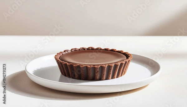 Fototapeta Minimal Dessert Plate Featuring a Single High-Detail Chocolate Tart in Asymmetric Composition