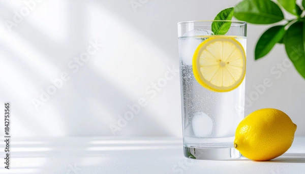 Fototapeta Minimalistic Iced Lemon Water in a Glass with Clean Refreshing Aesthetic