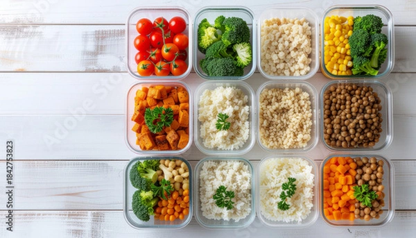 Fototapeta Neatly Arranged Meal Prep Containers with Colorful Healthy Meals in Clean Top-Down Composition