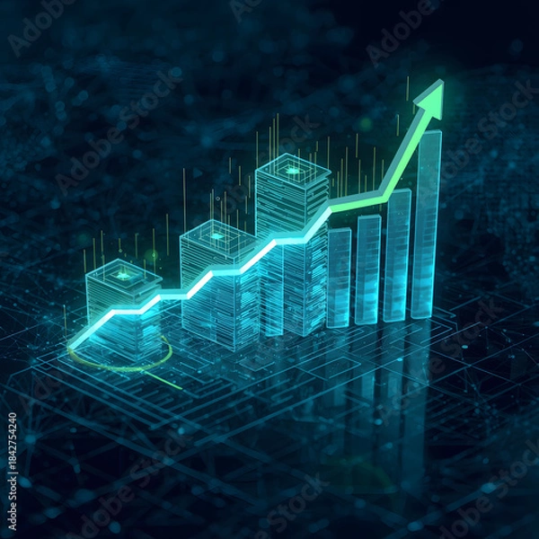 Fototapeta business graph with arrow on the screen, Advanced Financial Data Visualization with Rising Graph Elements