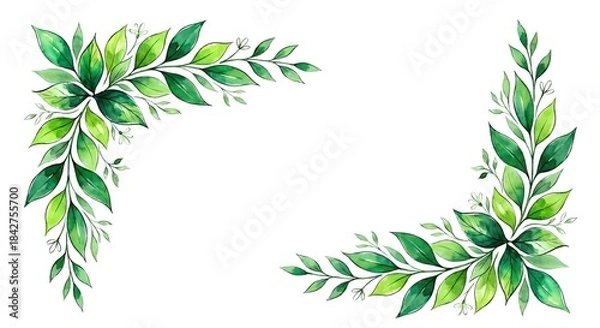 Fototapeta Watercolour Green Leaf Corner Frames on White Background