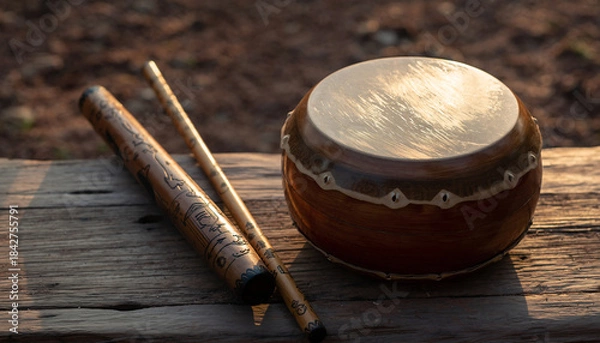Obraz Traditional wooden drum and drumsticks resting on a rustic wooden surface in warm light.