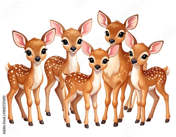 Fototapeta Row of Seven Cute Spotted Deer Fawns in Simple Character Style, White Background - Seven Cartoon Deer Fawns in Playful Group Pose, Brown Fur and White Spots, Illustration on White Background