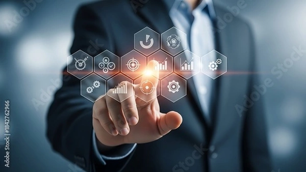 Fototapeta Businessman interacting with futuristic digital interface in a professional setting with technology and innovation