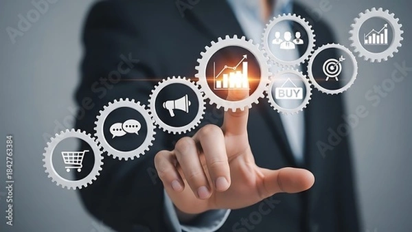 Fototapeta Businessman interacting with digital interface icons for marketing finance and technology