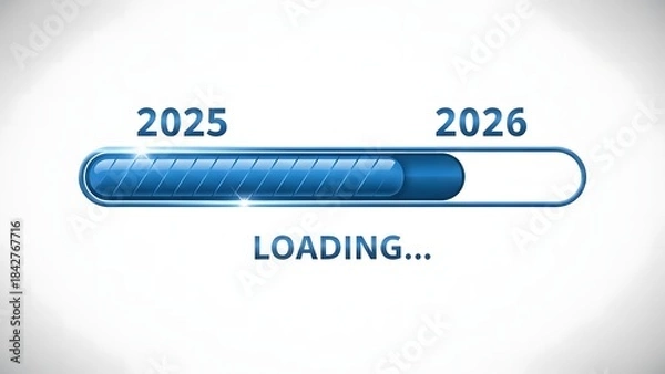 Fototapeta Progress bar showing transition from 2025 to 2026 loading process with loading text