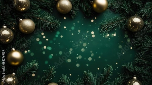 Fototapeta Christmas ornaments and pine branches realistic render for holiday greeting card design