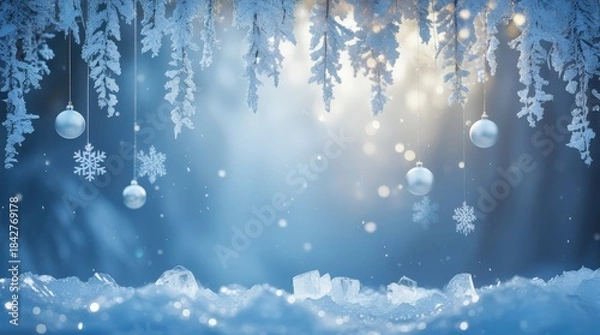 Fototapeta Winter scene digital illustration with frosted branches and ornaments for greeting card