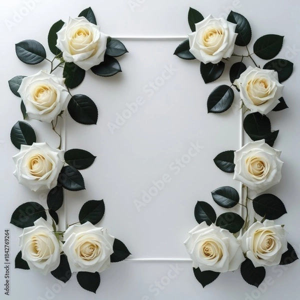 Fototapeta White roses and dark green leaves square frame realistic render for greeting card